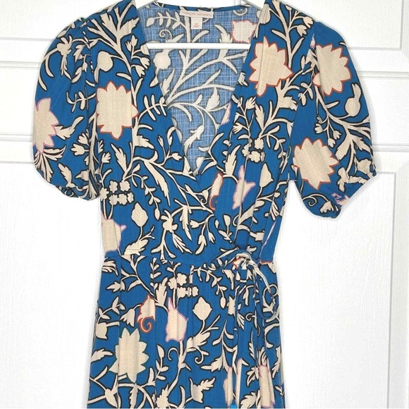 Knox Rose Floral Midi Dress Blue Tan Tiered Ruffle Short Sleeve XS - Picture 4 of 10